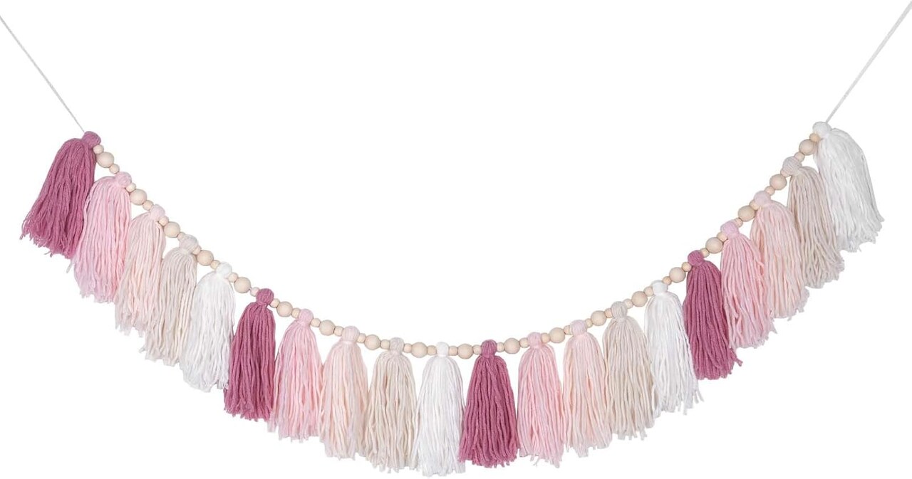Pink Yarn Tassel Garland Boho Pastel Preppy Bunting Banner Wall Hanging Tassels for Nursery Kids Bedroom Dorm Room Baby Shower Birthday Classroom Office Party Wedding Decor